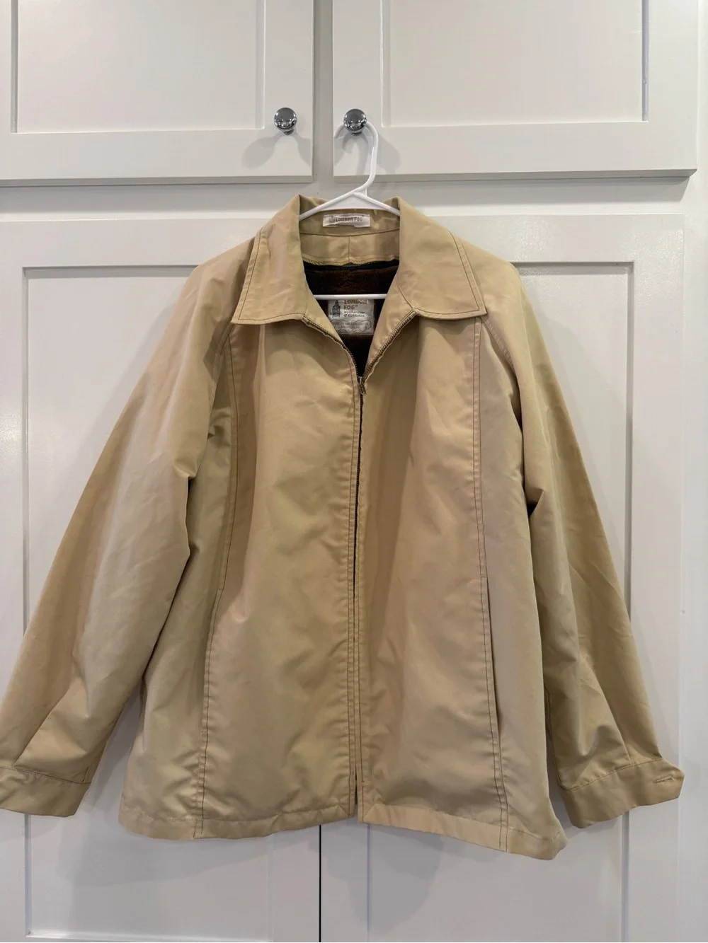 Vintage London Fog 44 Long Tan Zip Jacket Removable Faux Fur Liner USA Classic